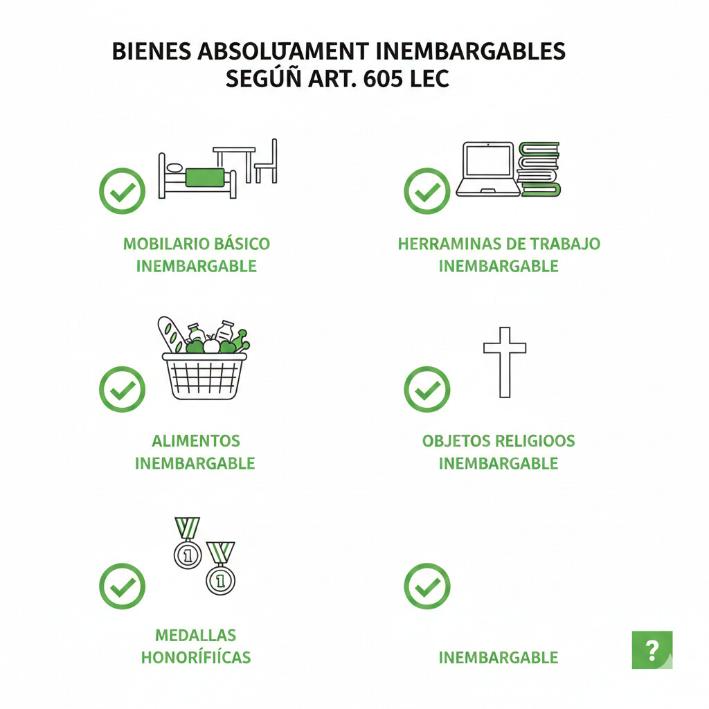 Infografía mostrando los bienes absolutamente inembargables según artículo 605 LEC: mobiliario básico, herramientas de trabajo, libros profesionales, alimentos y combustible imprescindible