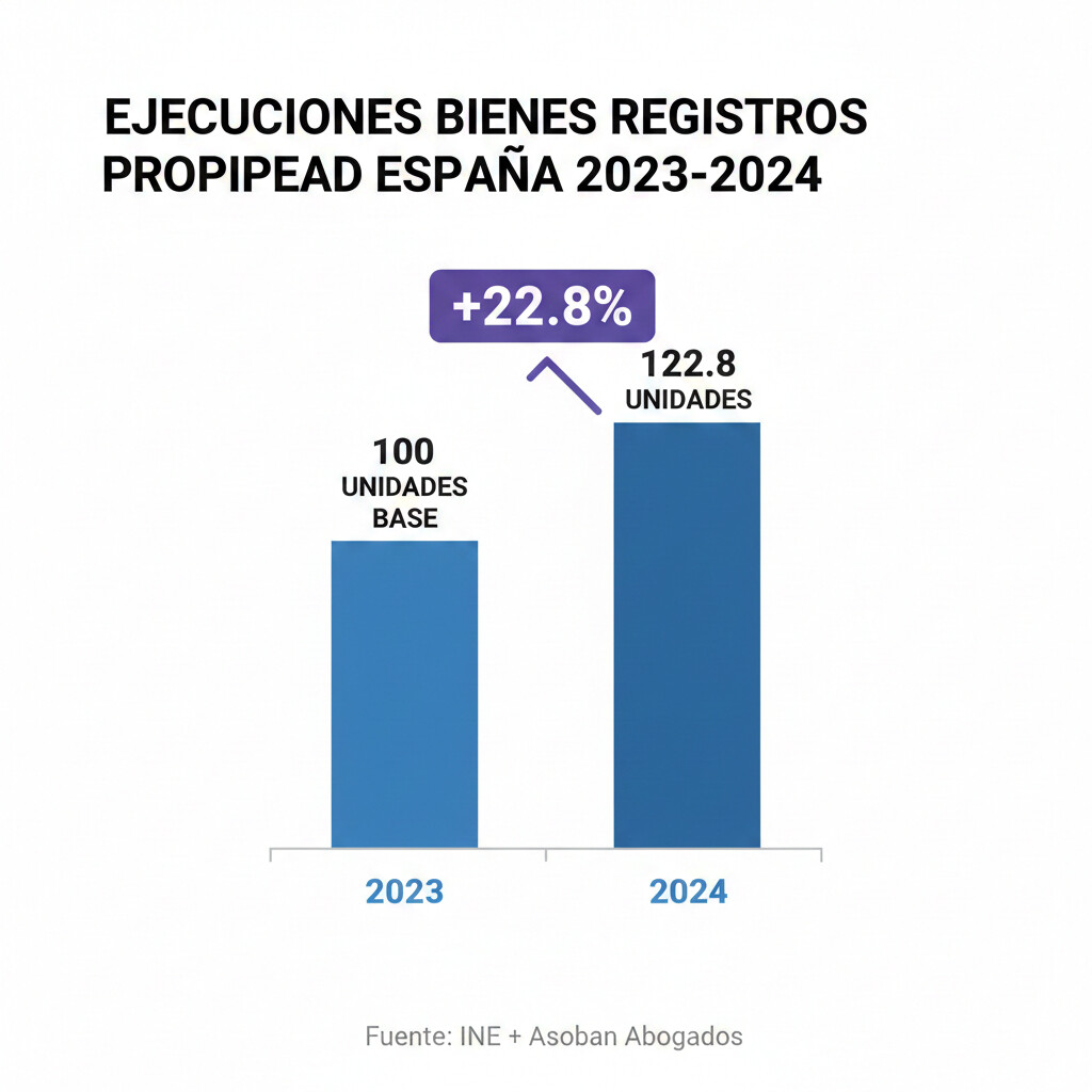 Gráfico que muestra el incremento del 22.8% en ejecuciones de bienes por parte de Hacienda durante 2024, con datos del INE y comparativa con años anteriores