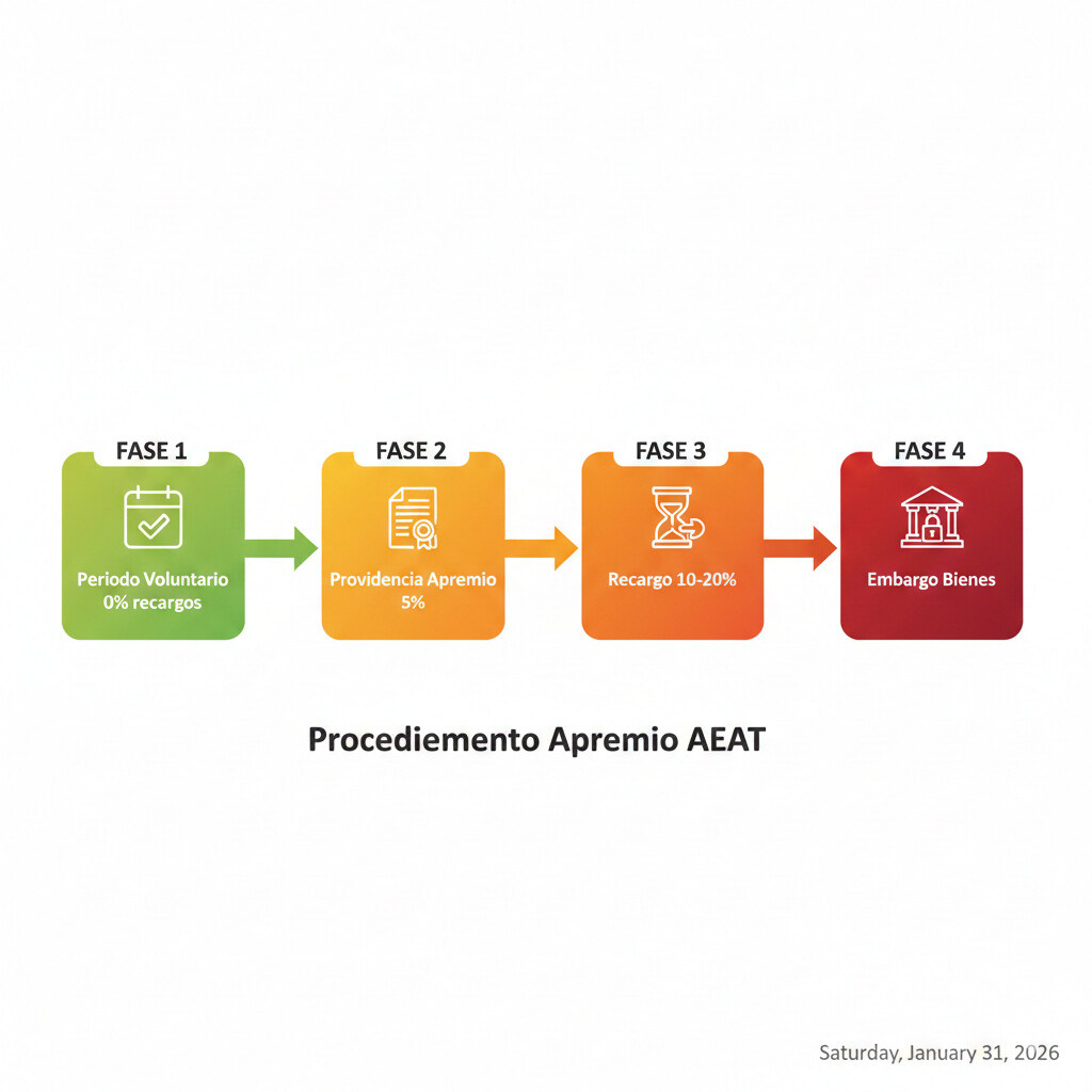 Infografía del procedimiento de apremio AEAT mostrando las 4 fases desde la deuda en periodo voluntario hasta el embargo de bienes, con plazos y recargos aplicables en cada etapa