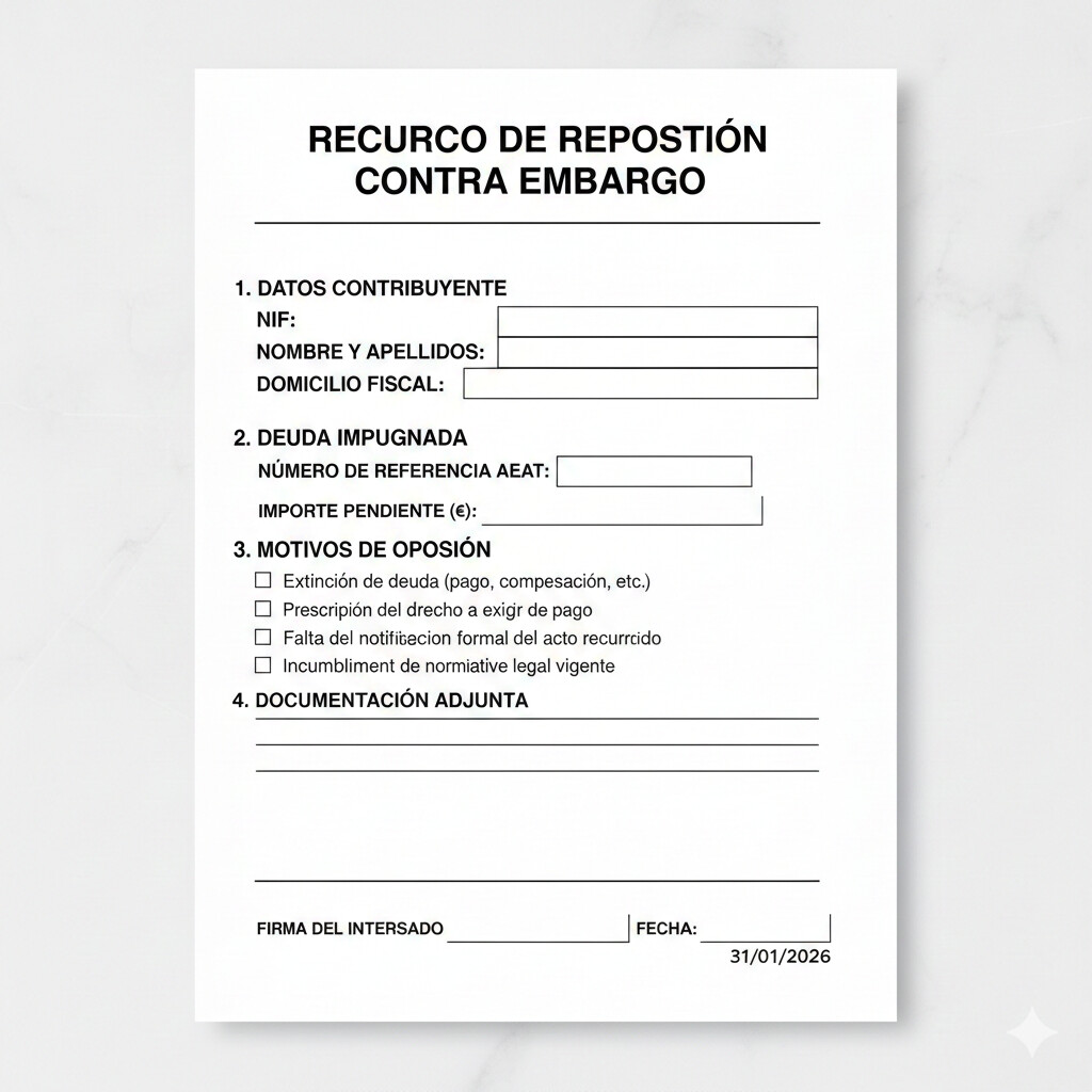 Formulario modelo de recurso de reposición contra embargo AEAT mostrando campos obligatorios: datos contribuyente, deuda impugnada, motivos oposición y documentación adjunta