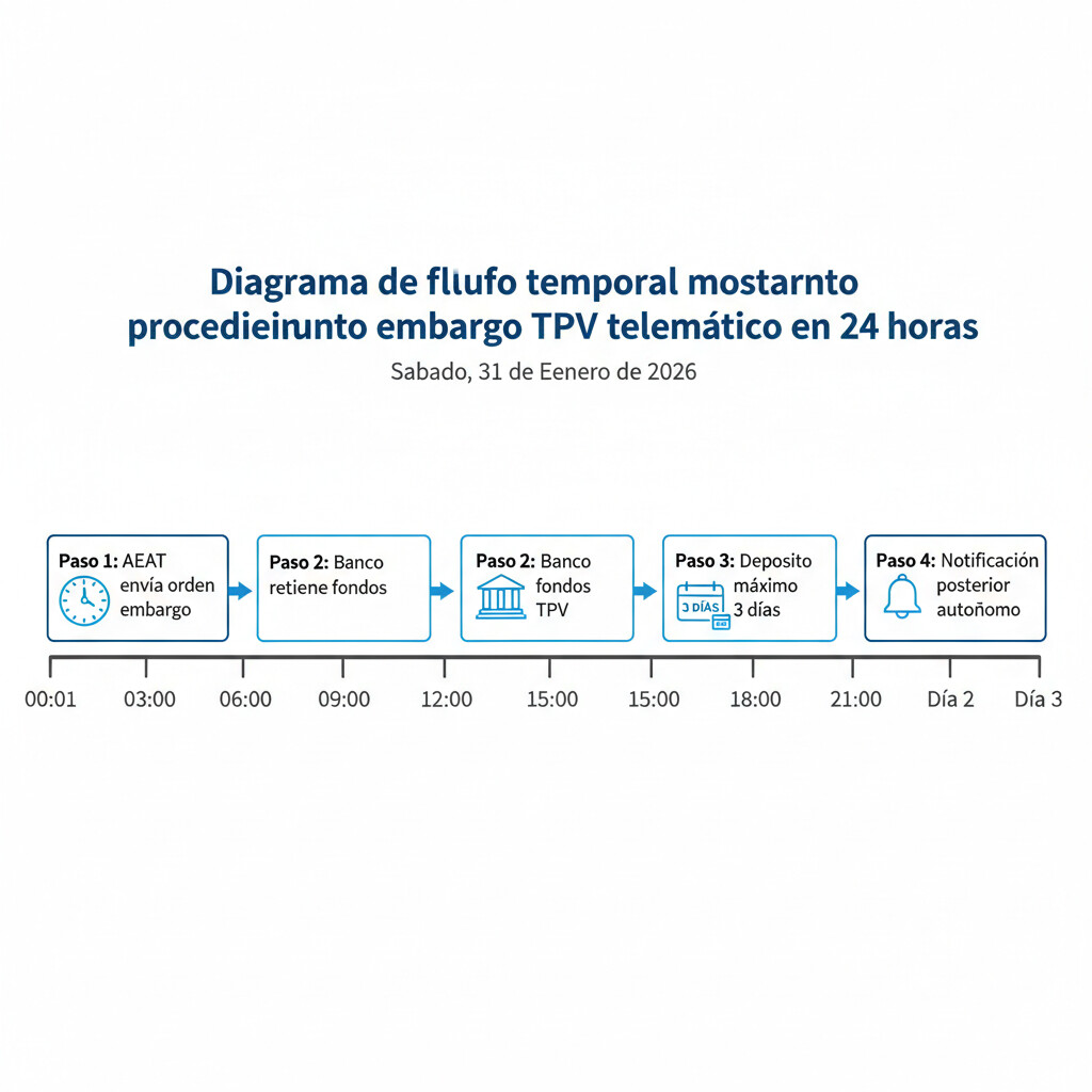 Diagrama de flujo mostrando el procedimiento de embargo telemático TPV con los 4 pasos: envío orden madrugada, retención antes 09:00h, depósito 3 días y notificación posterior
