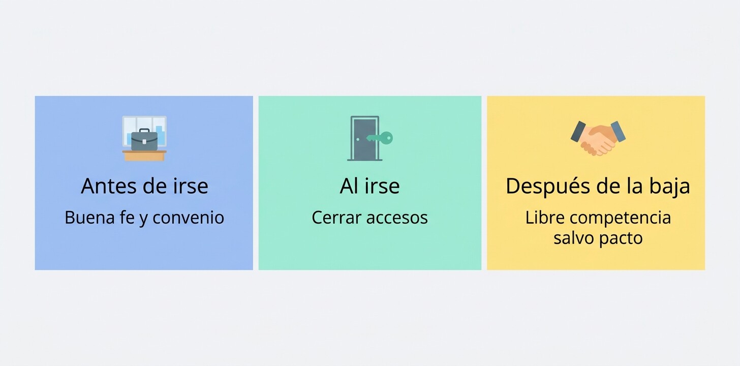Esquema de los tres momentos en que un empleado puede llevarse clientes de una gestoría: antes de irse, al irse y después de la baja