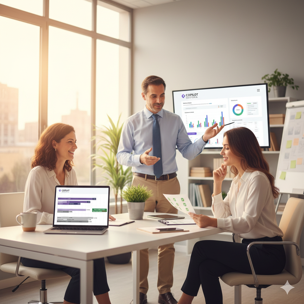 Equipo profesional de gestoría con tres personas sonriendo frente a computadores mostrando sistema automatizado funcionando en oficina moderna con iluminación natural