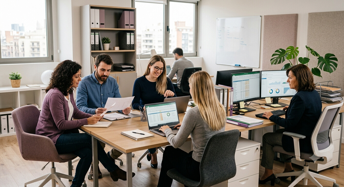 Equipo de gestoría trabajando de forma colaborativa con roles y responsabilidades claras sobre modelos fiscales