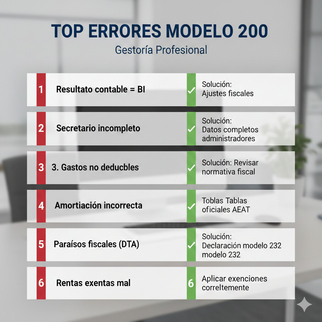 Top 10 errores comunes Modelo 200 Impuesto Sociedades: secretario incompleto, resultado contable no coincide con BI, gastos no deducibles