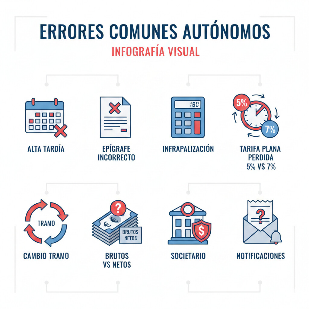Infografía visual 10 errores críticos cotización autónomos 2025 con sanciones asociadas y cómo evitarlos
