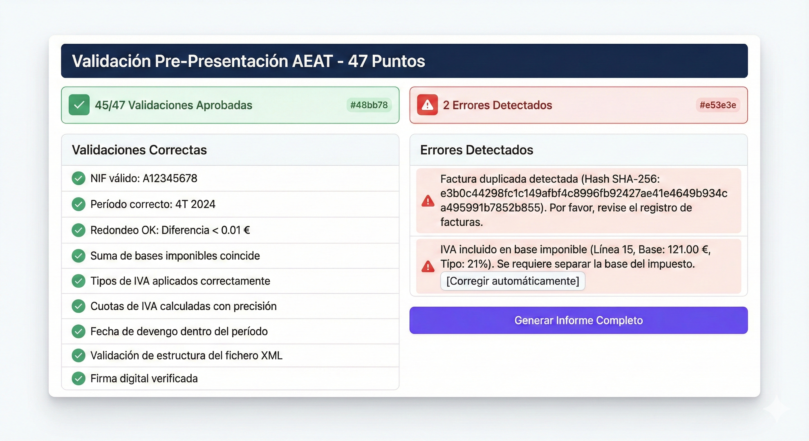 Pantalla de software mostrando interfaz de validación automática con indicadores rojos señalando errores comunes detectados y checklist verde para validaciones aprobadas