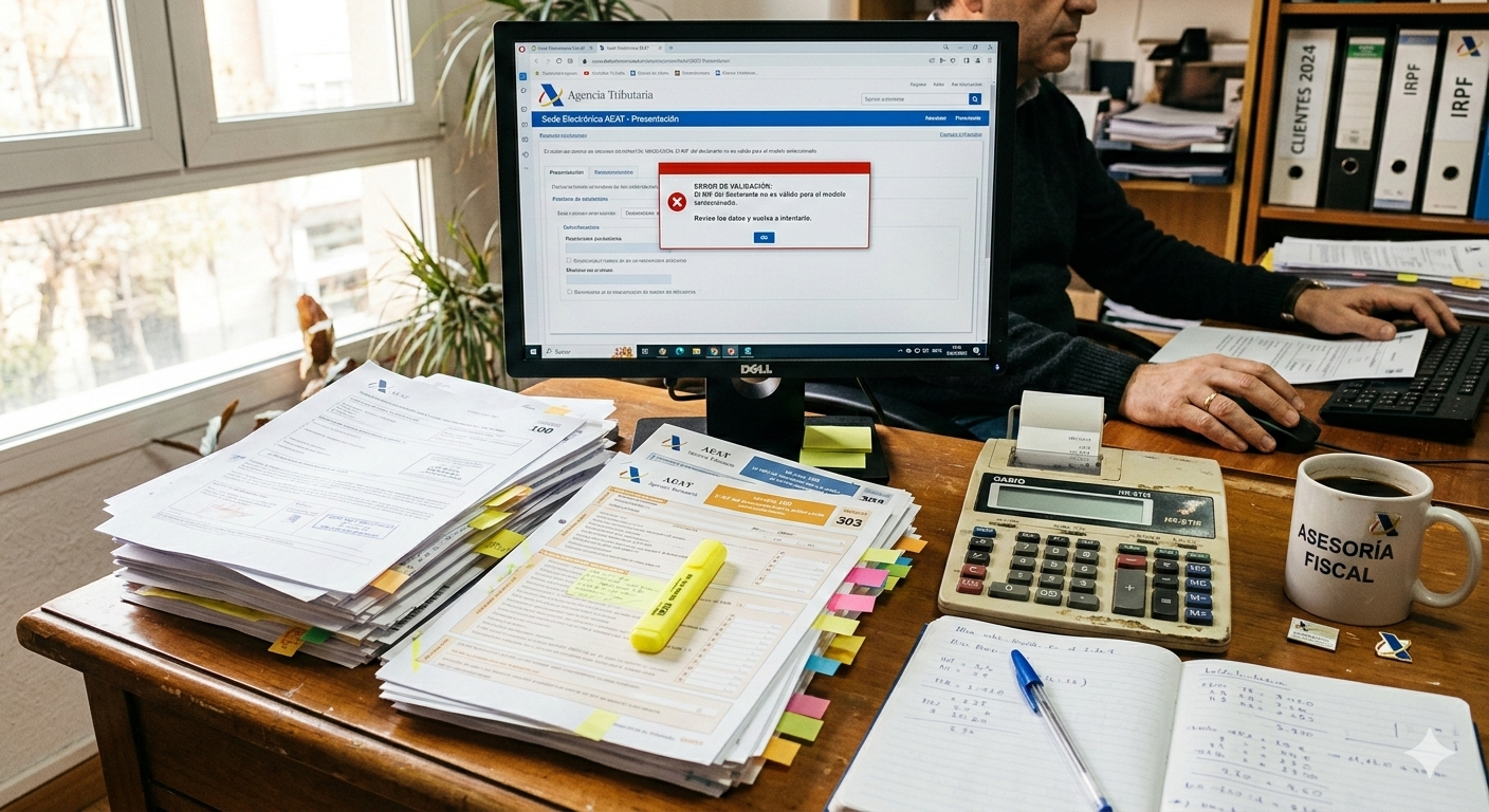 Gestor fiscal español revisando declaraciones AEAT con expresión preocupada, rodeado de documentos papel, post-its amarillos, calculadora y pantalla mostrando errores validación modelo 303