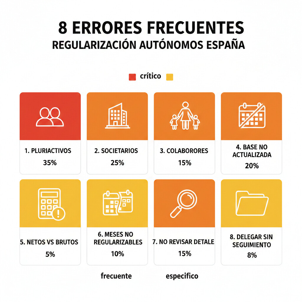 Infografía visual de los 8 errores más frecuentes en regularizaciones de autónomos: pluriactivos, societarios, colaboradores, base no actualizada, netos vs brutos, meses no regularizables, no revisar detalle, delegar sin seguimiento, con iconos y porcentajes de incidencia
