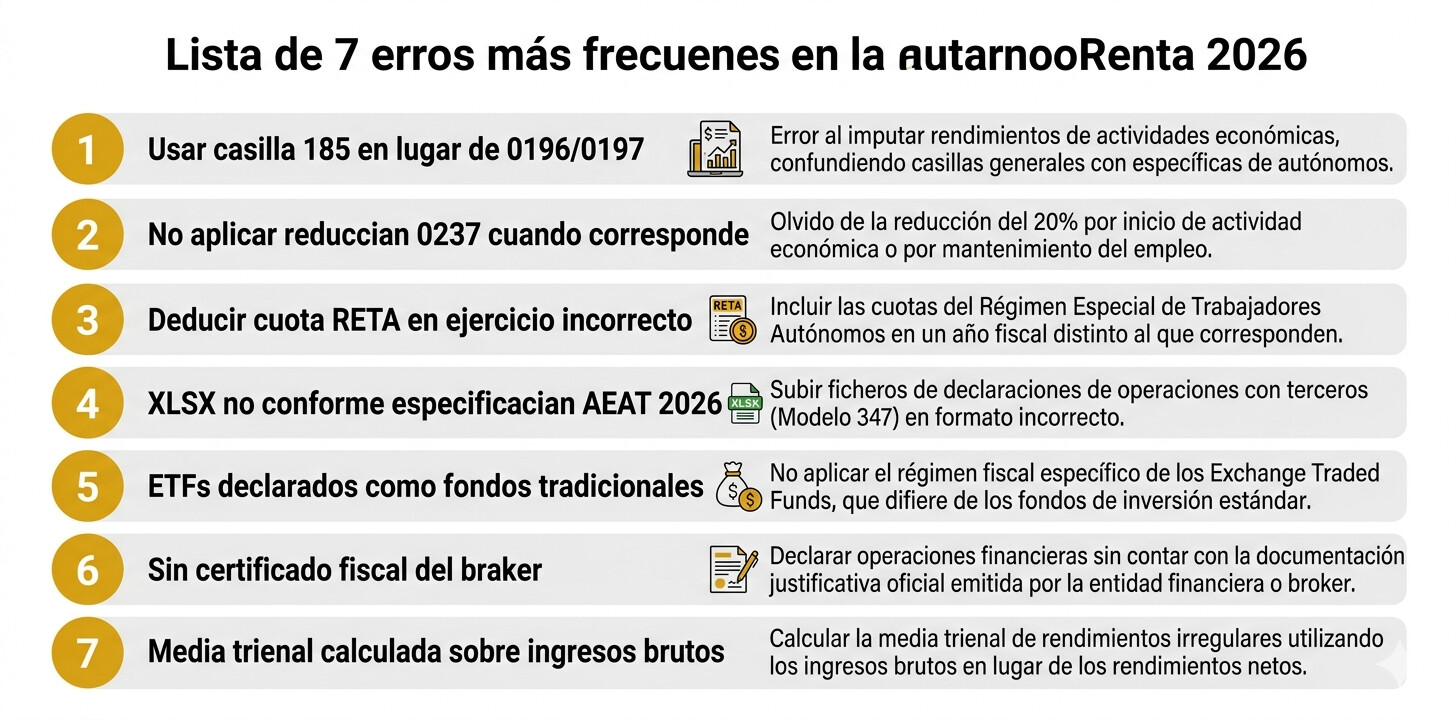 Infografía con los 7 errores más frecuentes en la declaración de la renta 2026 de autónomos: uso incorrecto de casillas RETA, omisión de la reducción 0237, discrepancias con certificados de la TGSS, formatos incorrectos en importación de libros y errores en ETFs