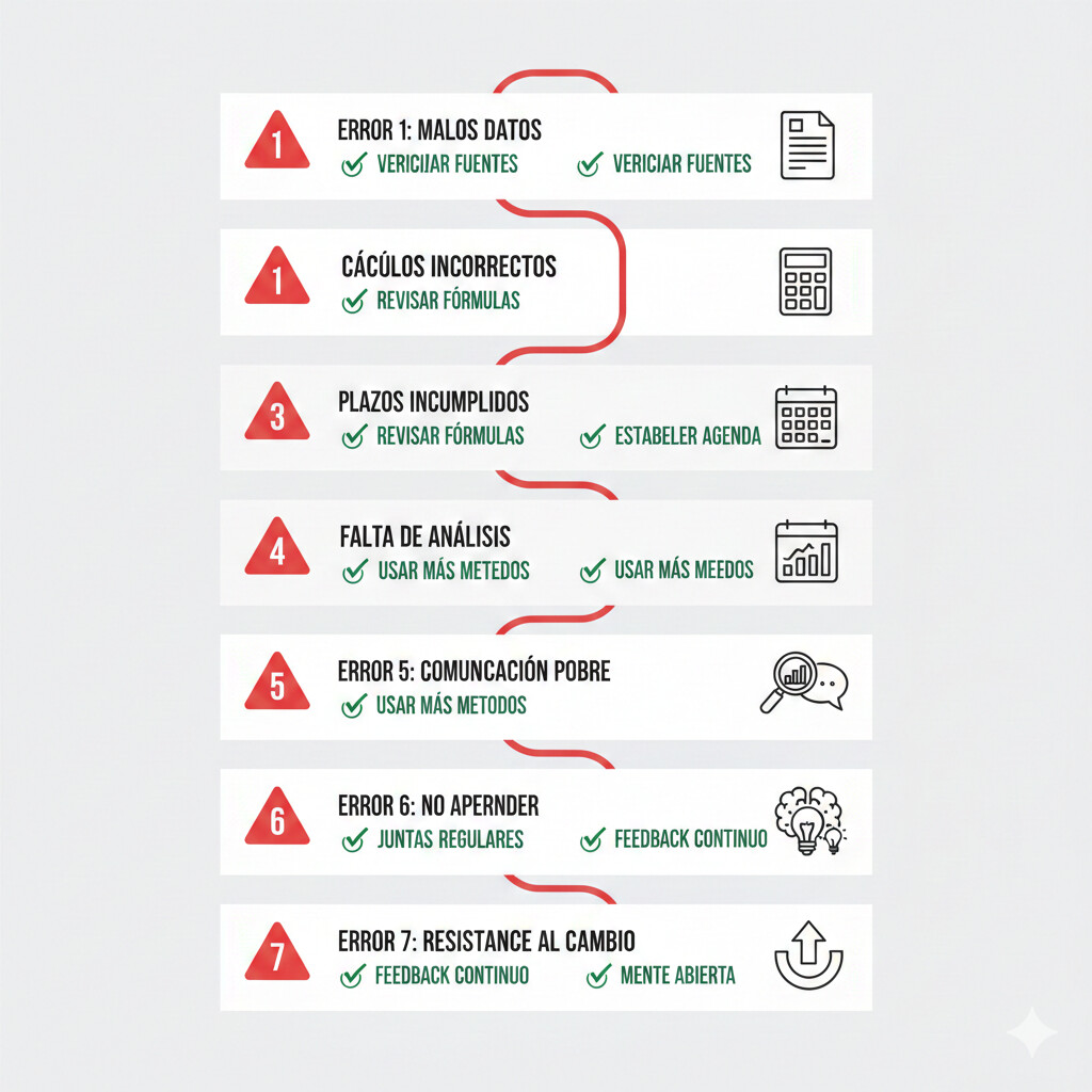 Ilustración de 7 errores comunes de gestorías con iconos de advertencia y soluciones marcadas en verde