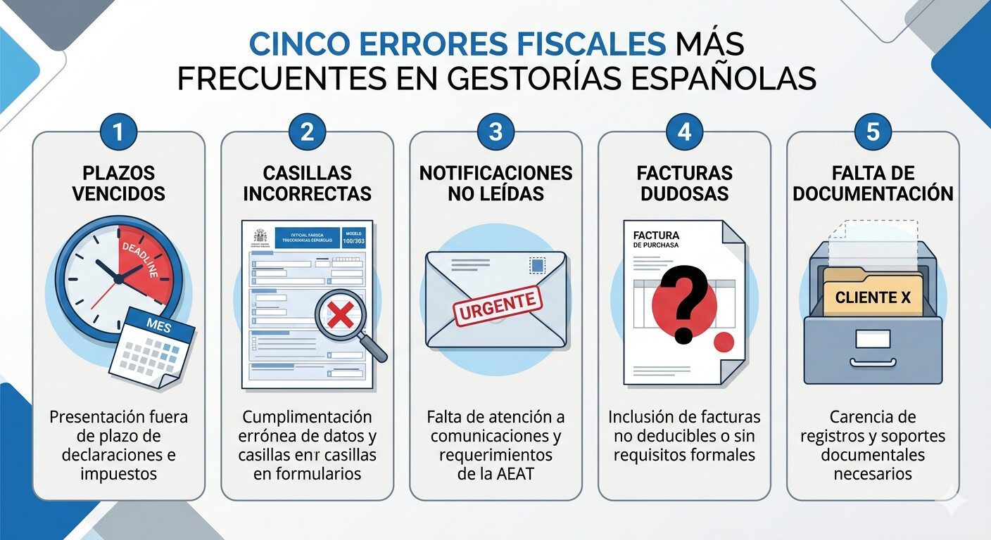 Diagrama visual con los cinco errores más frecuentes que generan reclamaciones civiles contra gestorías y asesores fiscales en España