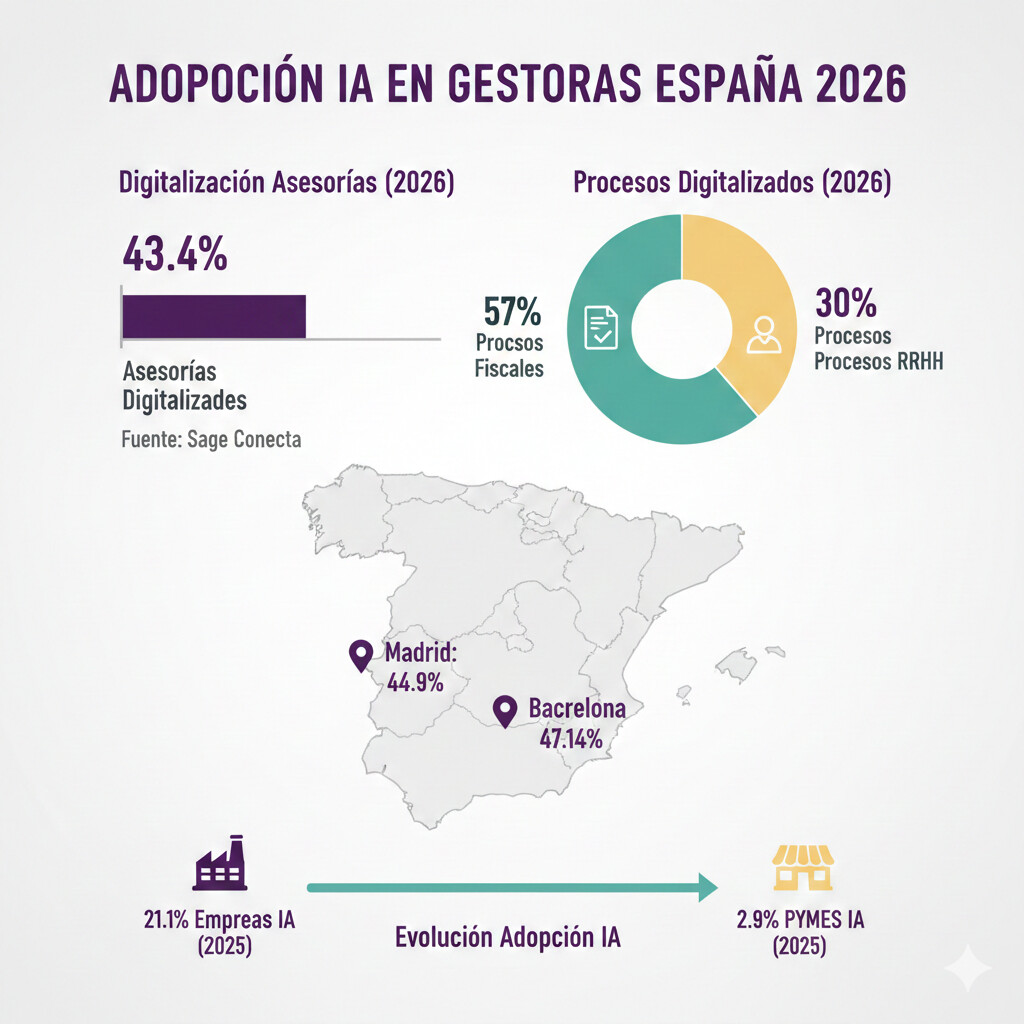 Infografía con estadísticas clave: 43.4% digitalización asesorías, 57% procesos fiscales digitalizados, 30% RRHH digitalizado, Madrid 44.9% y Barcelona 47.14% lideran