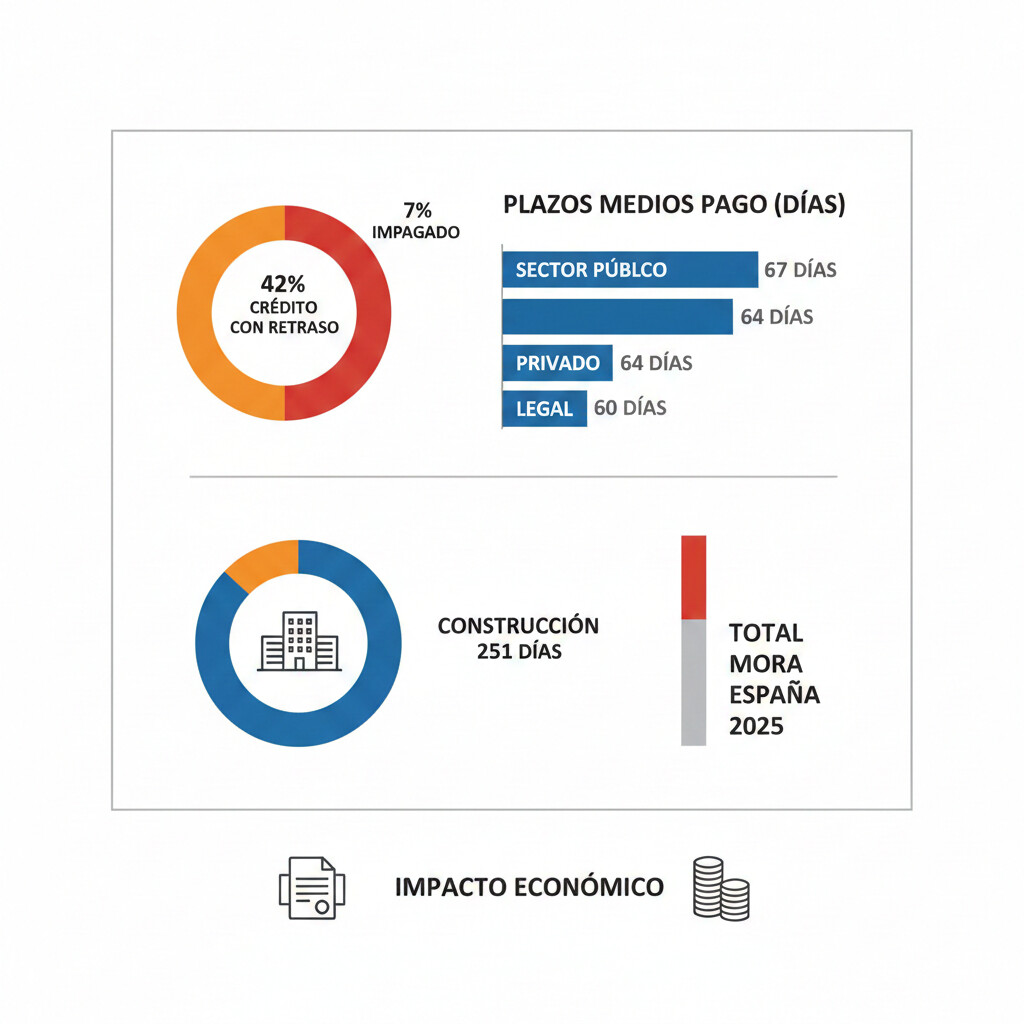 Infografía con estadísticas clave morosidad España 2025: 42% crédito con retraso, 7% impagado, plazos medios pago sector público 67 días vs privado 64 días, construcción 251 días, gráficos comparativos por sectores