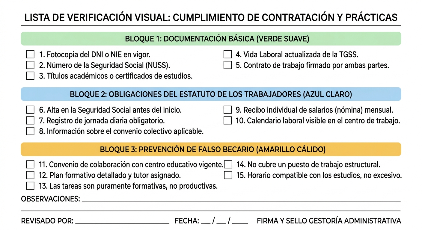 Lista de verificación de 15 puntos para que las gestorías comprueben el cumplimiento del Estatuto del Becario 2026 con sus clientes