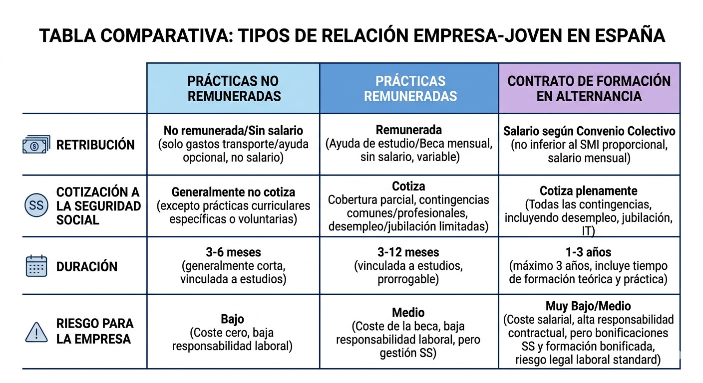 Tabla comparativa entre prácticas de becario, becario remunerado y contrato de formación en alternancia 2026 para empresas
