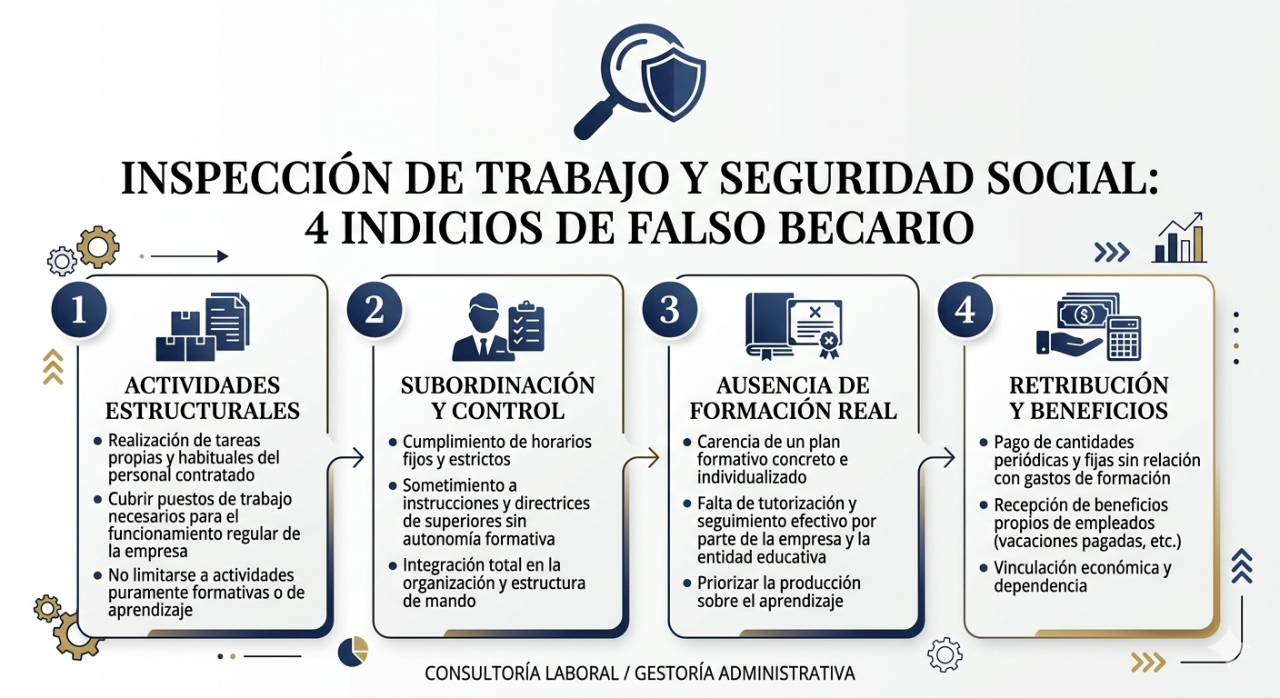 Diagrama con los 4 indicios que usa la Inspección de Trabajo para detectar un falso becario en 2026