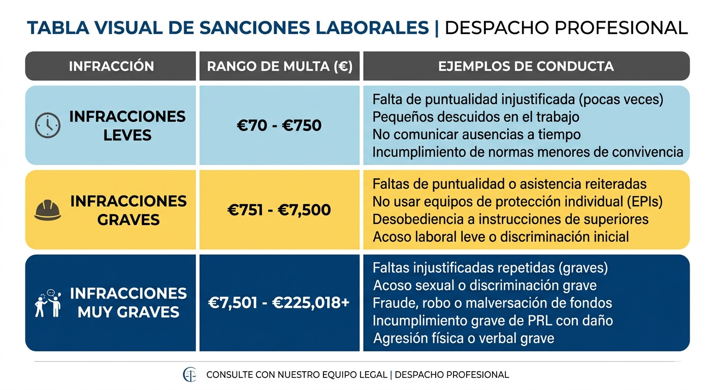 Tabla de sanciones del Estatuto del Becario 2026 por tipo de infracción: leve, grave y muy grave con cuantías en euros