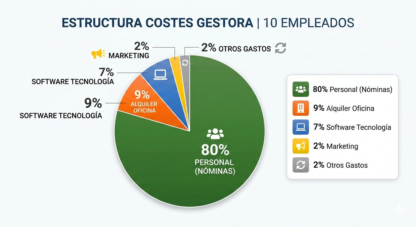 Gráfico circular pie chart estructura costes gestoría: 80% personal nóminas verde, 9% alquiler oficina naranja, 7% software azul, 2% marketing amarillo, 2% otros gris, estilo profesional
