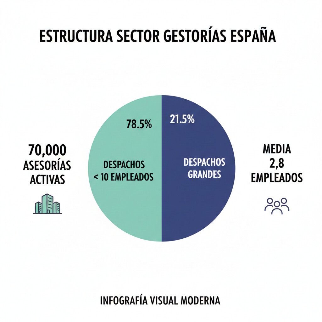 Infografía visual estructura sector gestorías España: 78.5% despachos menos 10 empleados, media 2.8 empleados por gestoría, 70000 asesorías activas, gráfico pie chart distribución tamaño despachos