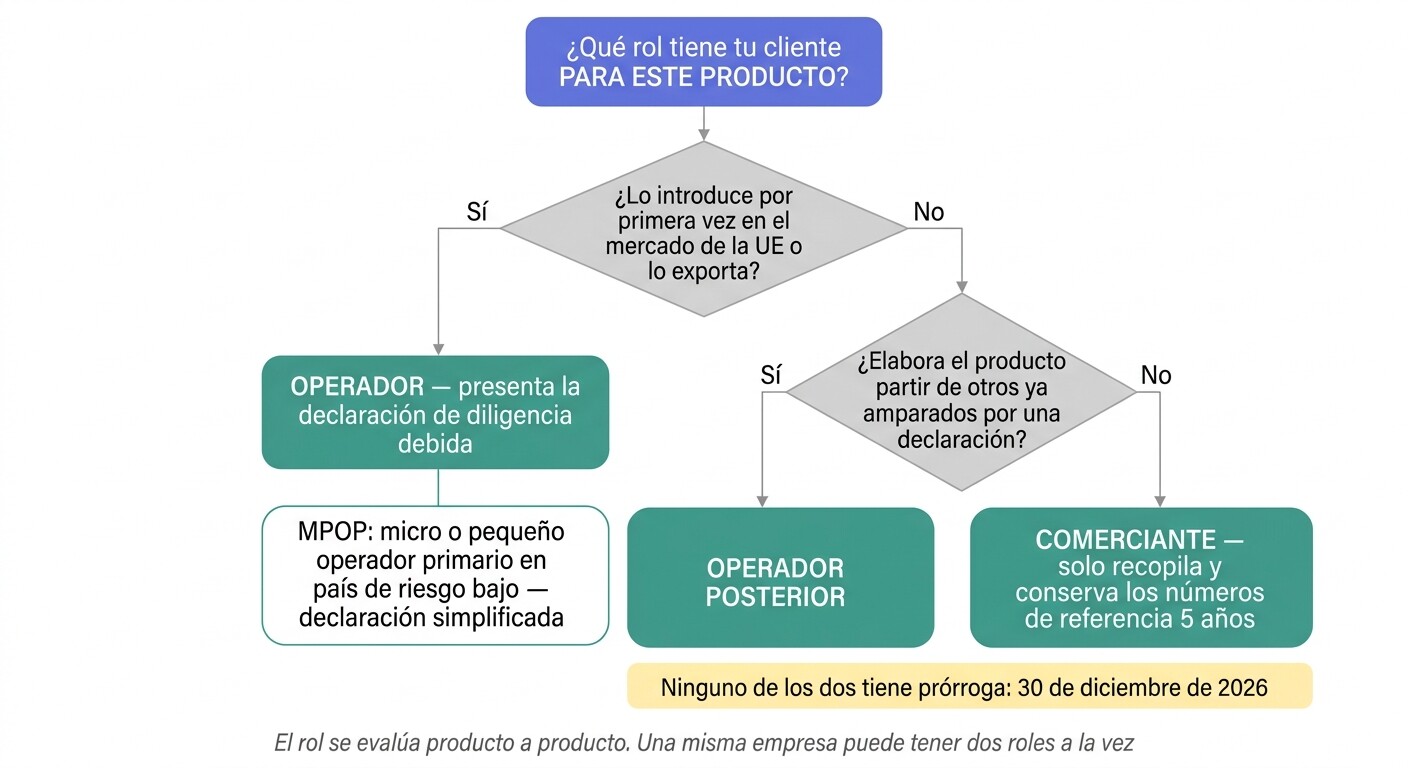 Árbol de decisión para determinar si una empresa es operador, operador posterior o comerciante a efectos del Reglamento de Deforestación EUDR