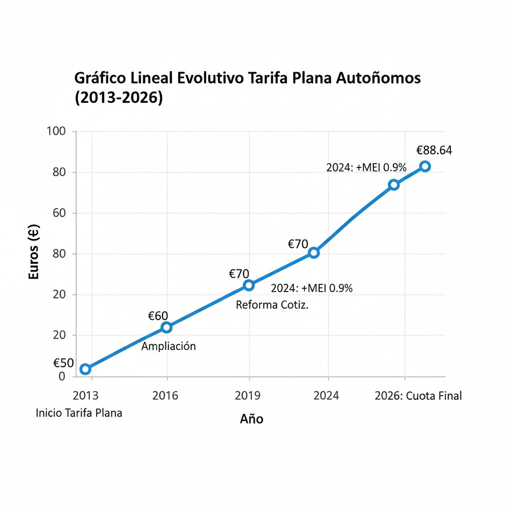 Evolución histórica tarifa plana autónomos desde €50 origen hasta €88.64 en 2026, gráfico lineal mostrando incrementos anuales y cambios normativos