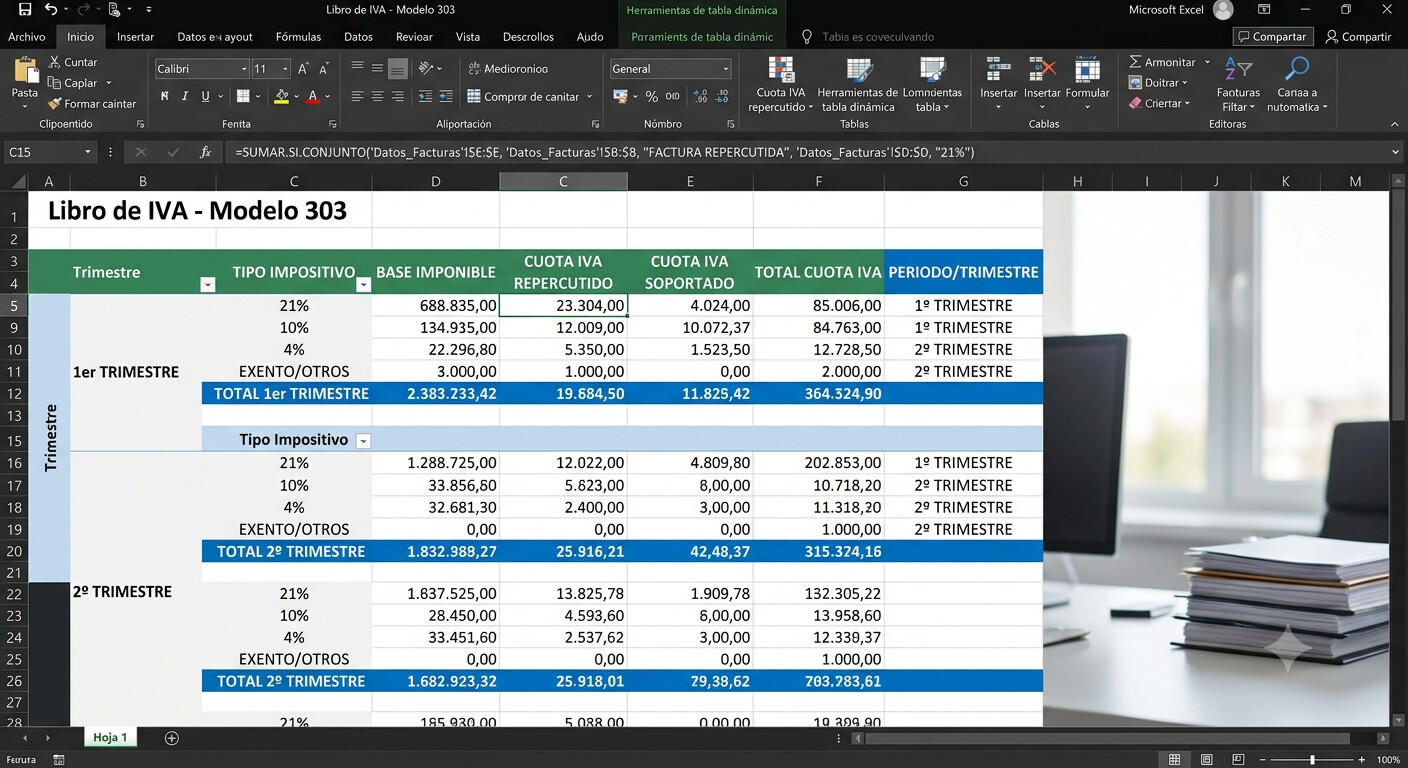 Tabla dinámica de Excel mostrando el libro de IVA trimestral con bases imponibles y cuotas por tipo 21, 10 y 4 por ciento