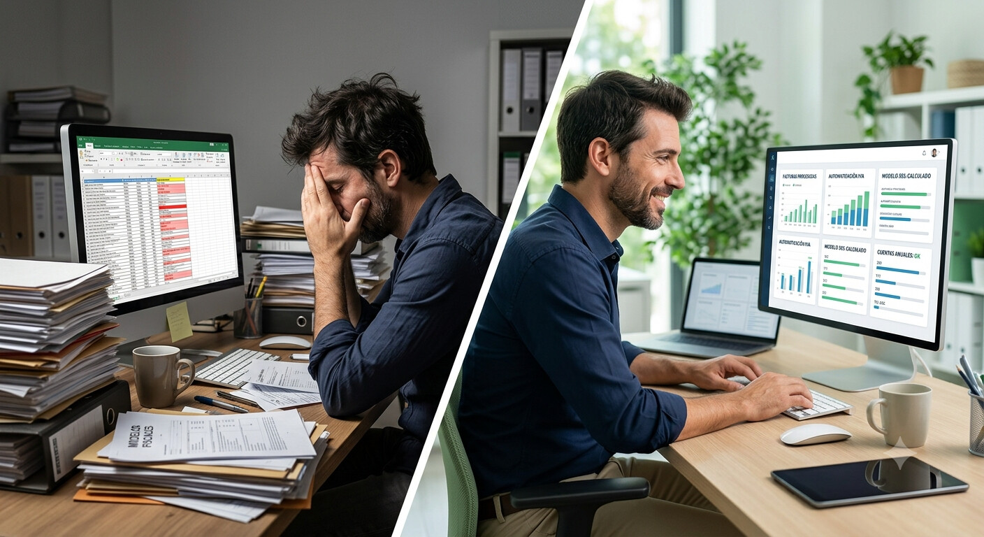 Comparativa visual entre hoja de cálculo Excel manual y panel de automatización de gestoría con procesamiento automático de facturas