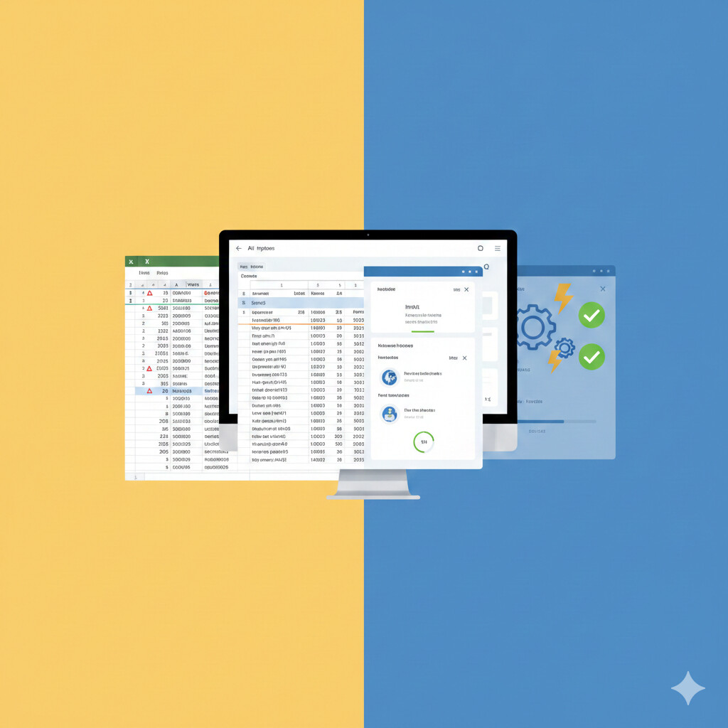 Comparativa visual lado a lado: izquierda muestra Excel con filas infinitas y fórmulas complejas marcadas en rojo, derecha muestra dashboard moderno con IA procesando facturas automáticamente con checkmarks verdes