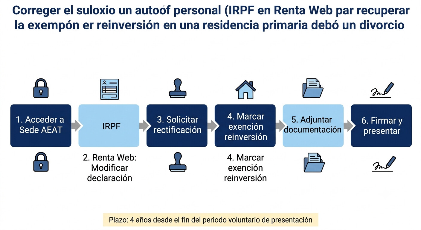 Diagrama paso a paso del procedimiento de rectificativa de autoliquidación en Renta Web para reclamar la exención por reinversión en vivienda habitual tras divorcio