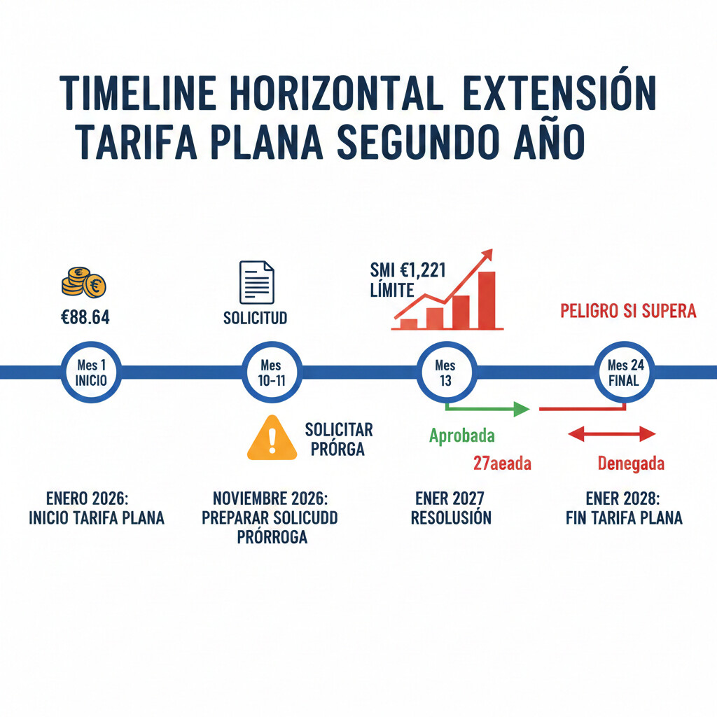 Timeline visual extensión tarifa plana segundo año mostrando deadline mes 11 solicitud prórroga, requisito SMI €1,221, y alerta reclamación retroactiva