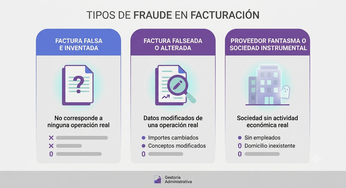 Diagrama comparativo entre factura falsa, factura falseada y proveedor fantasma o sociedad instrumental en el contexto fiscal español