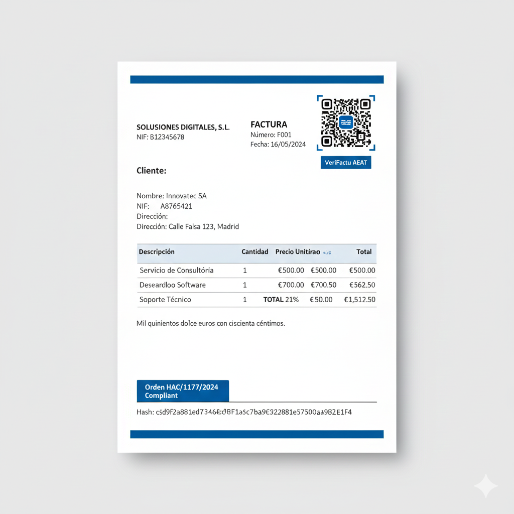 Factura PDF ejemplo con QR code VeriFactu visible esquina superior derecha y hash SHA-256 completo mostrado pie página formato hexadecimal 64 caracteres según Orden HAC/1177/2024 AEAT
