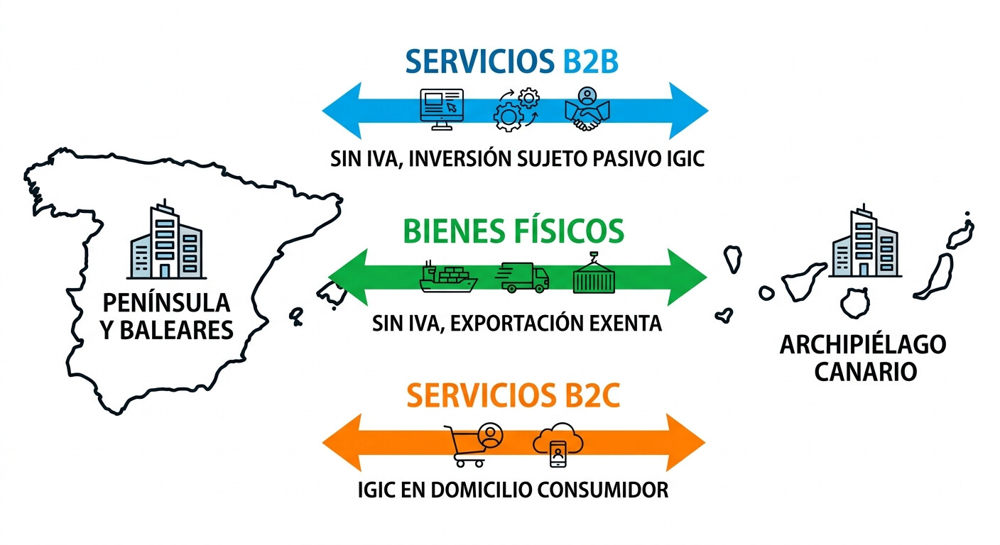Mapa de España con flechas que representan operaciones comerciales entre Península y Canarias y su tratamiento fiscal IVA versus IGIC