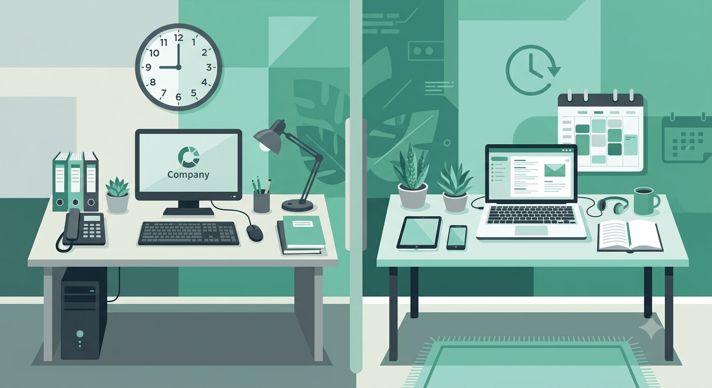 Comparativa visual entre un puesto de trabajo integrado en la organización y un espacio de trabajo verdaderamente independiente