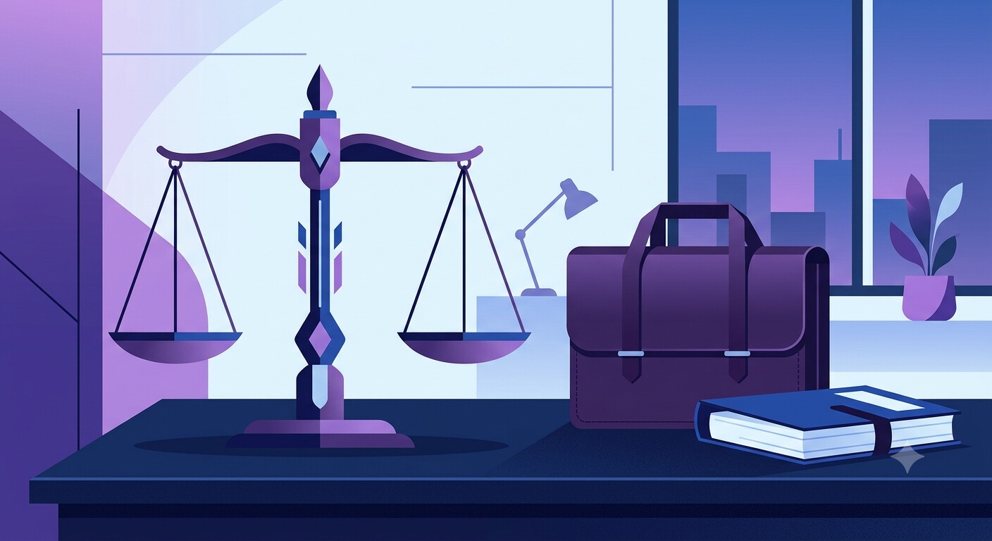 Balanza de la justicia junto a documentación legal, representando la jurisprudencia sobre recalificación de contratos mercantiles en despachos profesionales
