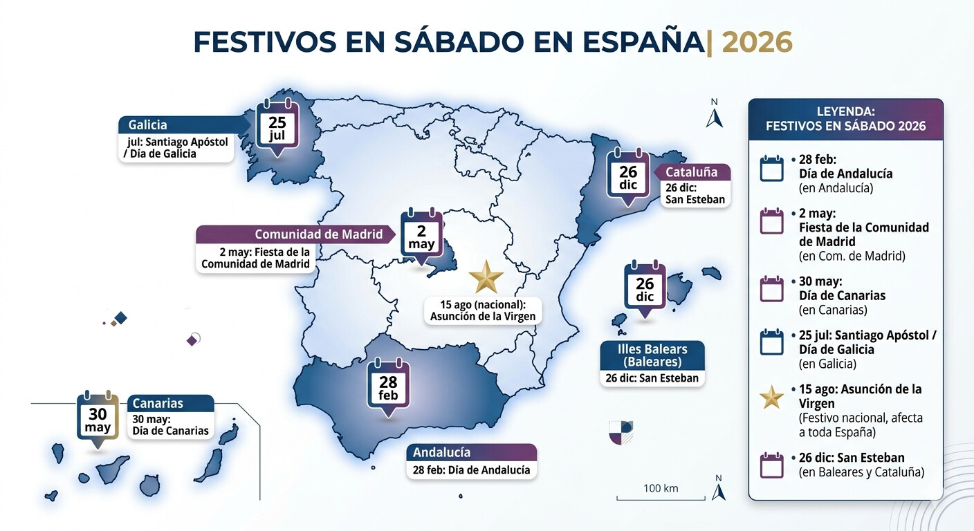 Mapa de España con festivos que caen en sábado en 2026 por comunidad autónoma: 28 feb Andalucía, 2 may Madrid, 30 may Canarias, 25 jul Galicia, 15 ago toda España, 26 dic Baleares-Cataluña