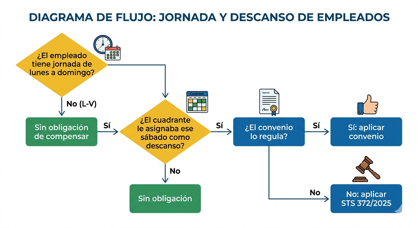 Diagrama de flujo para determinar si un empleado tiene derecho a compensación de festivo en sábado: jornada tipo, cuadrante, convenio colectivo y acción resultante