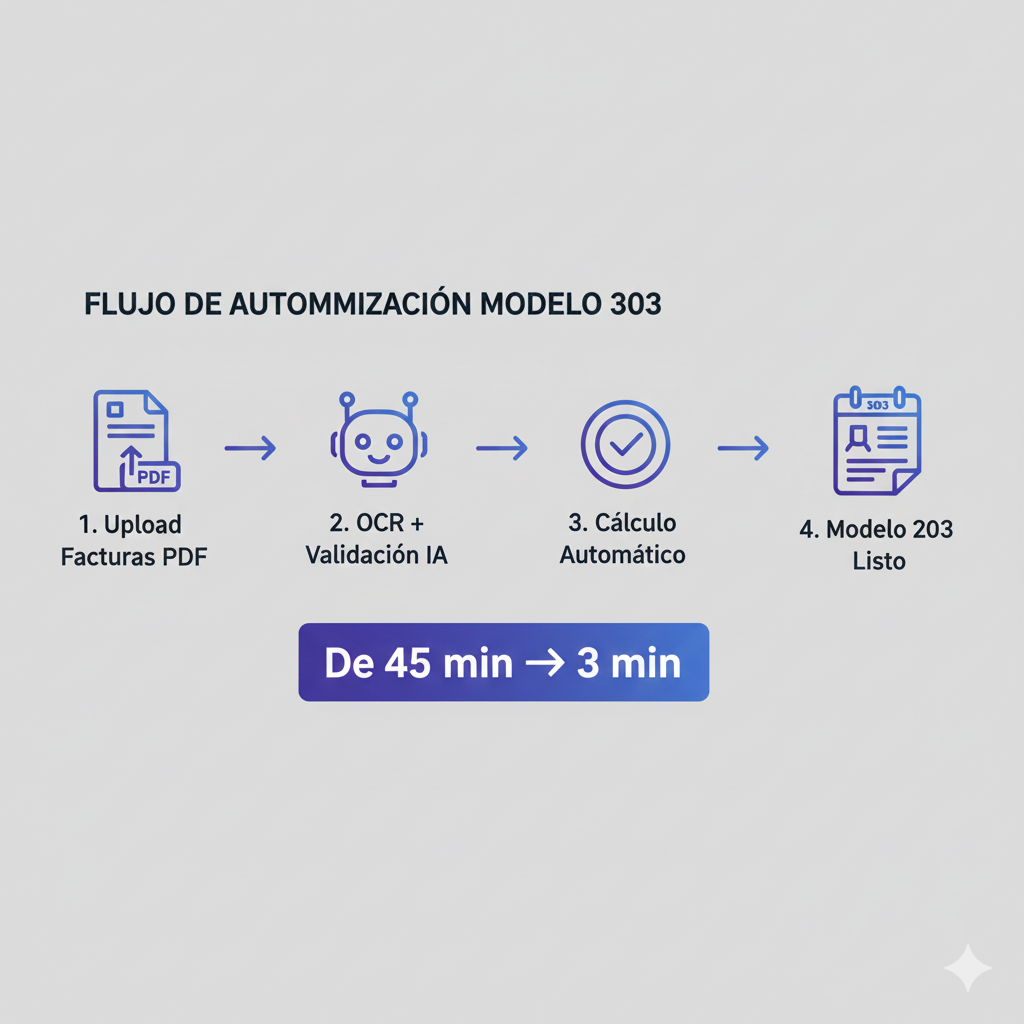Diagrama flujo automatización completa Modelo 303: 1 PDF factura upload, 2 OCR servicio de reconocimiento de documentos extrae datos, 3 modelo de IA multimodal valida NIF importes IVA, 4 detección duplicados, 5 almacenamiento base de datos relacional, 6 IA especializada 4.5 calcula IVA devengado deducible compensaciones, 7 validación 15 checks AEAT pre presentación, 8 generación archivo binario ISO-8859-1 formato oficial AEAT, 9 presentación 1 click sede electrónica