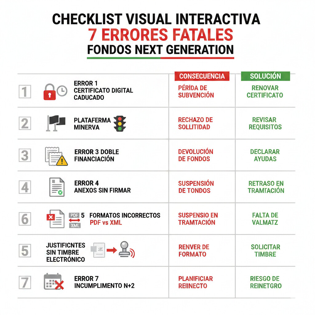 Checklist visual interactiva 7 errores fatales fondos Next Generation: certificado digital caducado con icono reloj rojo, plataforma MINERVA flags negras, doble financiación facturas duplicadas, anexos sin firmar, formatos incorrectos, justificantes sin timbre, incumplimiento N+2, cada error con consecuencia y solución resumida