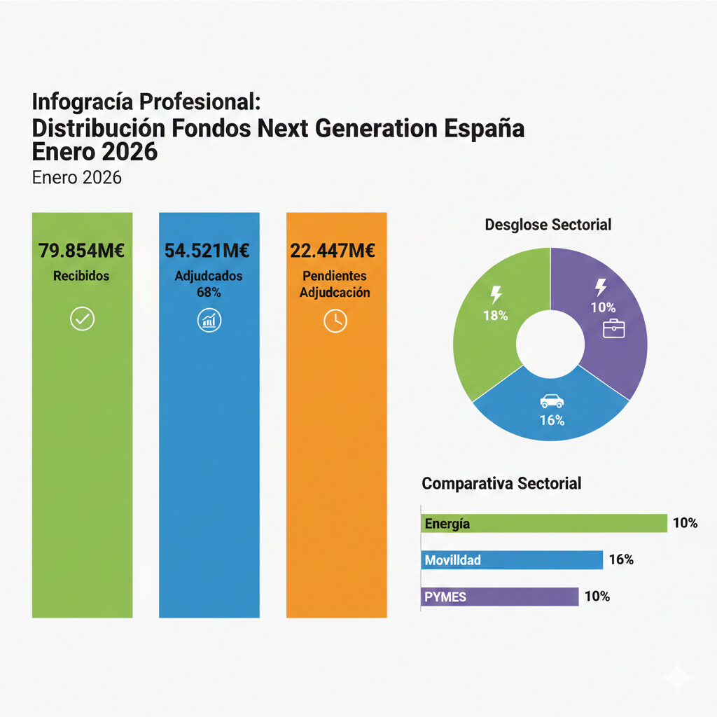 Infografía distribución fondos Next Generation España enero 2026 mostrando 79.854M€ recibidos, 54.521M€ adjudicados (68%), 22.447M€ pendientes adjudicación, desglose por sectores energía 18%, movilidad 16%, pymes 10%, con gráfico circular y barras comparativas