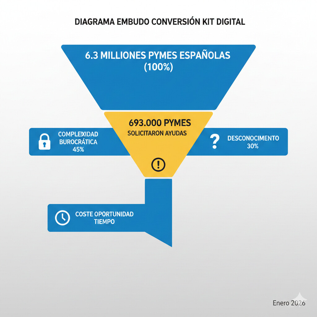 Diagrama embudo conversión Kit Digital mostrando 6.3 millones pymes españolas en la cima, solo 693.000 (11%) solicitaron ayudas, barreras identificadas complejidad burocrática 45%, desconocimiento 30%, coste oportunidad tiempo 25%, con iconos representando cada obstáculo