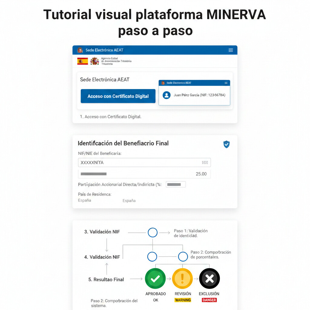 Tutorial visual plataforma MINERVA paso a paso mostrando pantalla login sede AEAT, formulario identificación beneficiario final con campos NIF y participación accionarial, sistema flags semafórico verde aprobado, rojo revisión, negro exclusión, diagrama flujo validación en 5 pasos con screenshots simulados interfaz oficial