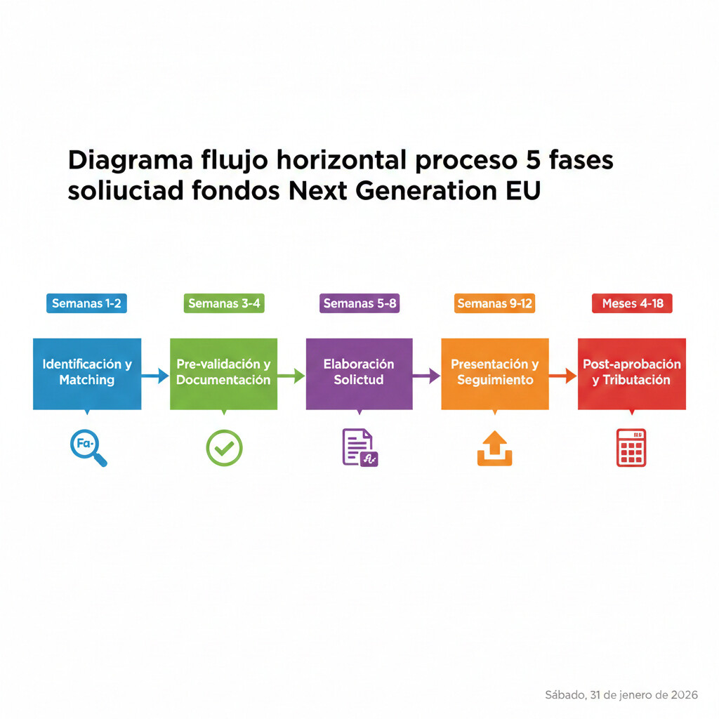 Diagrama flujo visual proceso 5 fases solicitud fondos Next Generation para gestorías: Fase 1 Identificación y Matching (semanas 1-2) con lupa buscando convocatorias, Fase 2 Pre-validación y Documentación (semanas 3-4) checklist, Fase 3 Elaboración Solicitud (semanas 5-8) documento escrito, Fase 4 Presentación y Seguimiento (semanas 9-12) subir plataforma, Fase 5 Post-aprobación y Tributación (meses 4-18) calculadora impuestos, timeline horizontal con iconos y colores diferenciados