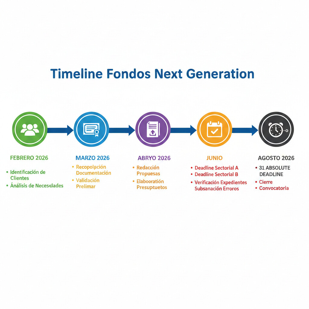Timeline horizontal visual febrero a agosto 2026 con hitos mensuales marcados: febrero identificación clientes, marzo pre-validación, abril elaboración solicitudes, mayo presentación, junio deadline sectores específicos, julio verificación final, agosto 31 deadline absoluto, cada mes con iconos tareas clave y colores semáforo verde amarillo rojo según urgencia