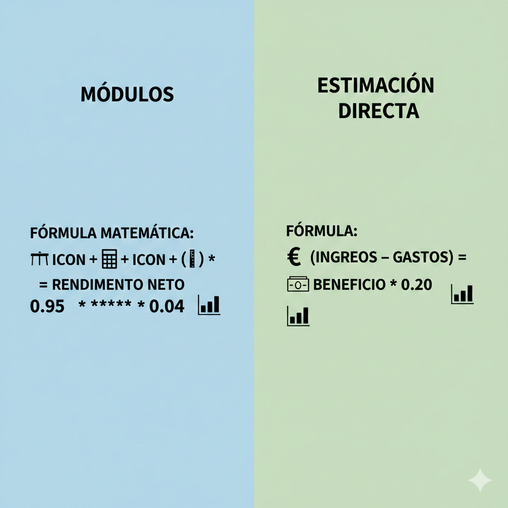 Diagrama visual comparando fórmulas de cálculo módulos con parámetros fijos versus estimación directa con ingresos menos gastos reales