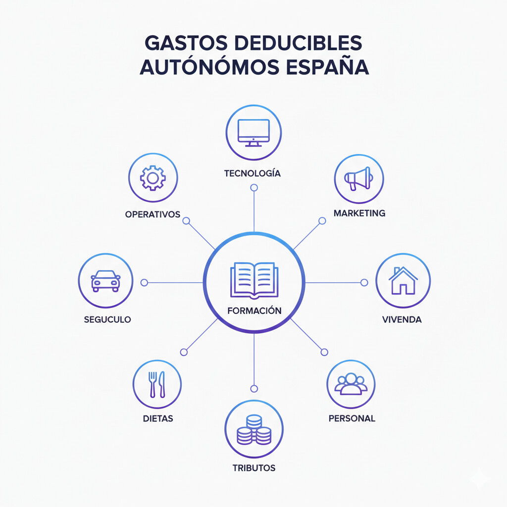 Infografía completa mostrando las 10 categorías de gastos deducibles para autónomos en 2026: operativos, tecnología, seguros, marketing, formación, vehículo, vivienda, dietas, tributos y personal, con iconos distintivos para cada categoría