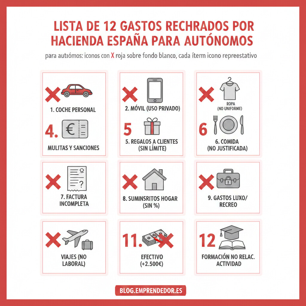 Lista visual de los 12 gastos que Hacienda rechaza sistemáticamente en inspecciones AEAT: vehículo personal, móvil sin uso exclusivo, ropa, multas, donativos, gastos personales, comidas sin pago electrónico, IBI en alquiler, viajes sin justificación, facturas incompletas, formación no relacionada y regalos excesivos