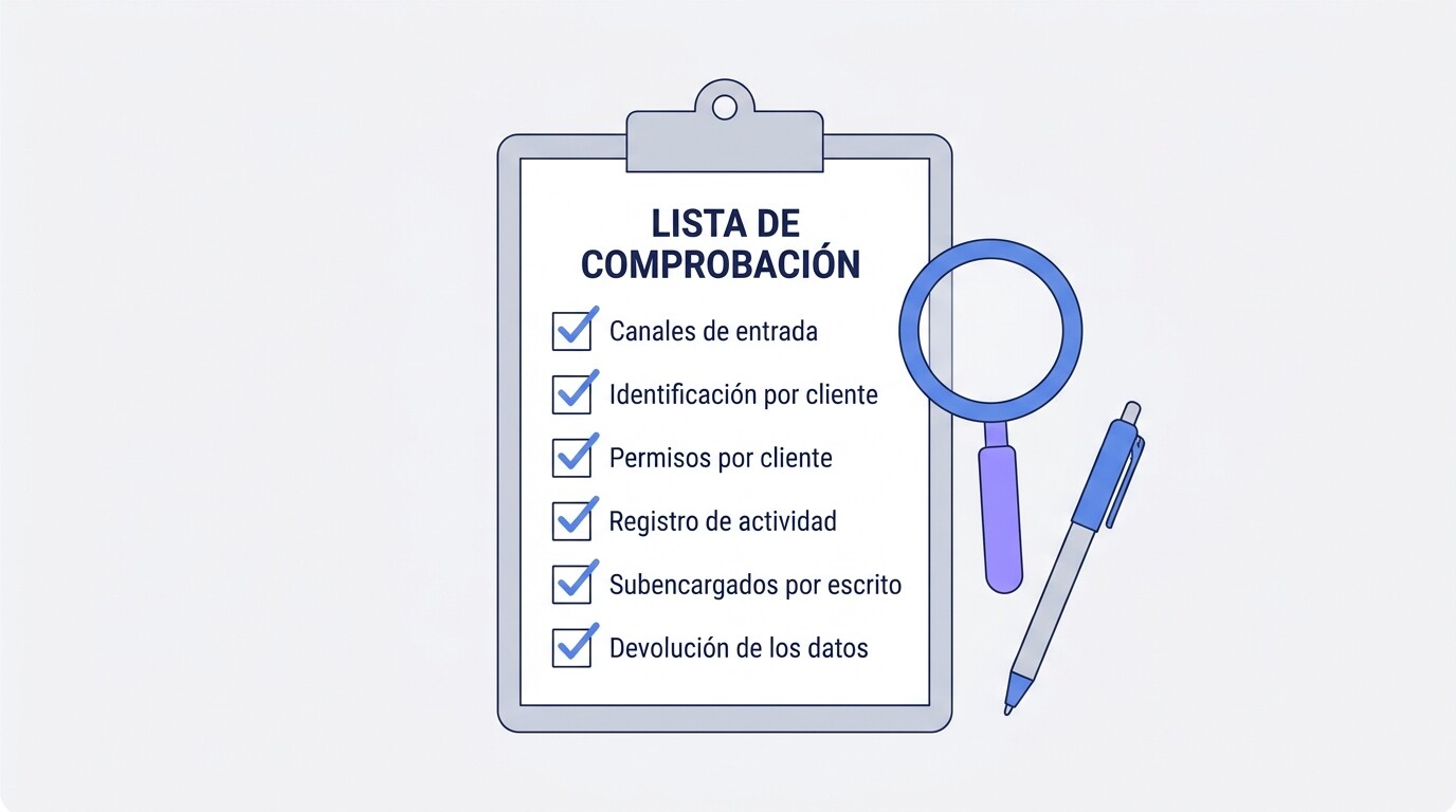 Lista de comprobación con las preguntas que una gestoría debe hacer al proveedor de un gestor documental antes de contratar: canales, identificación, permisos, seguridad y devolución de datos