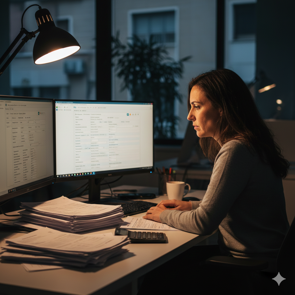 Gestora trabajando hasta tarde introduciendo datos manualmente en ERP tradicional